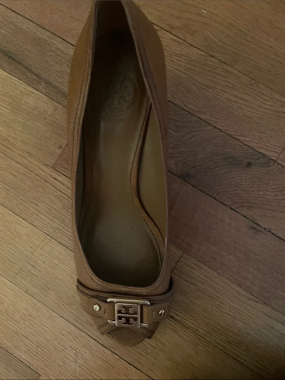 Tory Burch Brown Peep-Toe Leather Heels with Logo Accent 9.5
